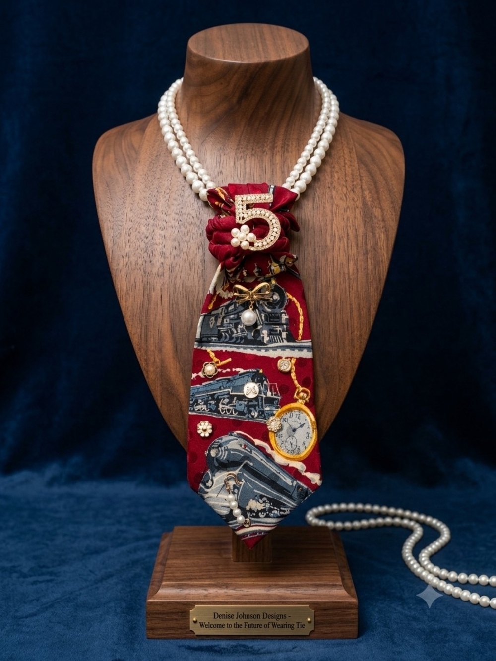 Denise Johnson Designs Red Train & Pocket Watch Statement Tie Necklace